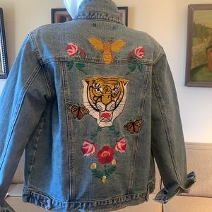 Vintage Denim Jacket with Tiger and Floral Embroidery
